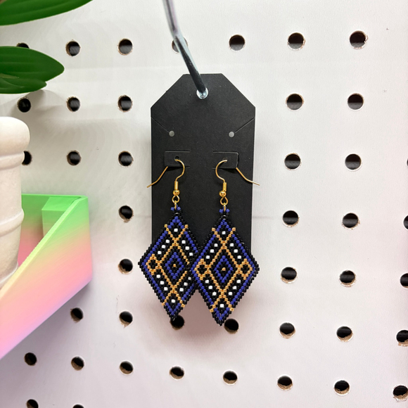 Hand Beaded Diamond Drop Earrings in Blue and Gold, Native American Style, - Picture 3 of 9